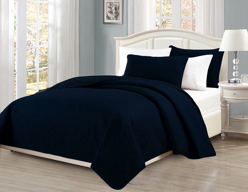 MK Home مجموعة Mk لحجم الملك/الملكة غطاء سرير بحجم 100"x106" 3 قطع مزخرف بلون أزرق داكن جديد - Image 2